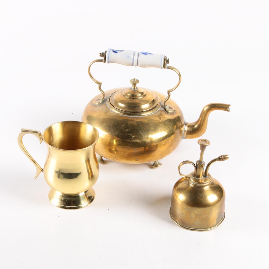 Brass Teapot, Mug, and Oil Can