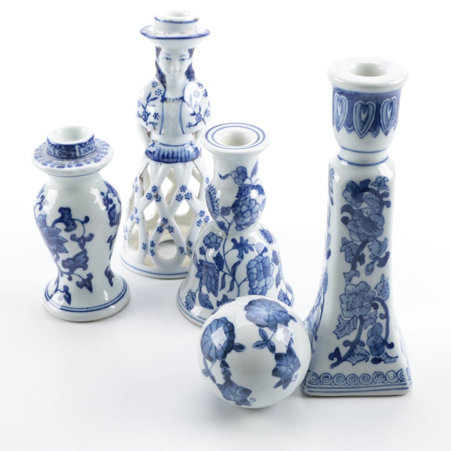 Assortment of Blue and White Ceramic Candlestick Holders and Decor