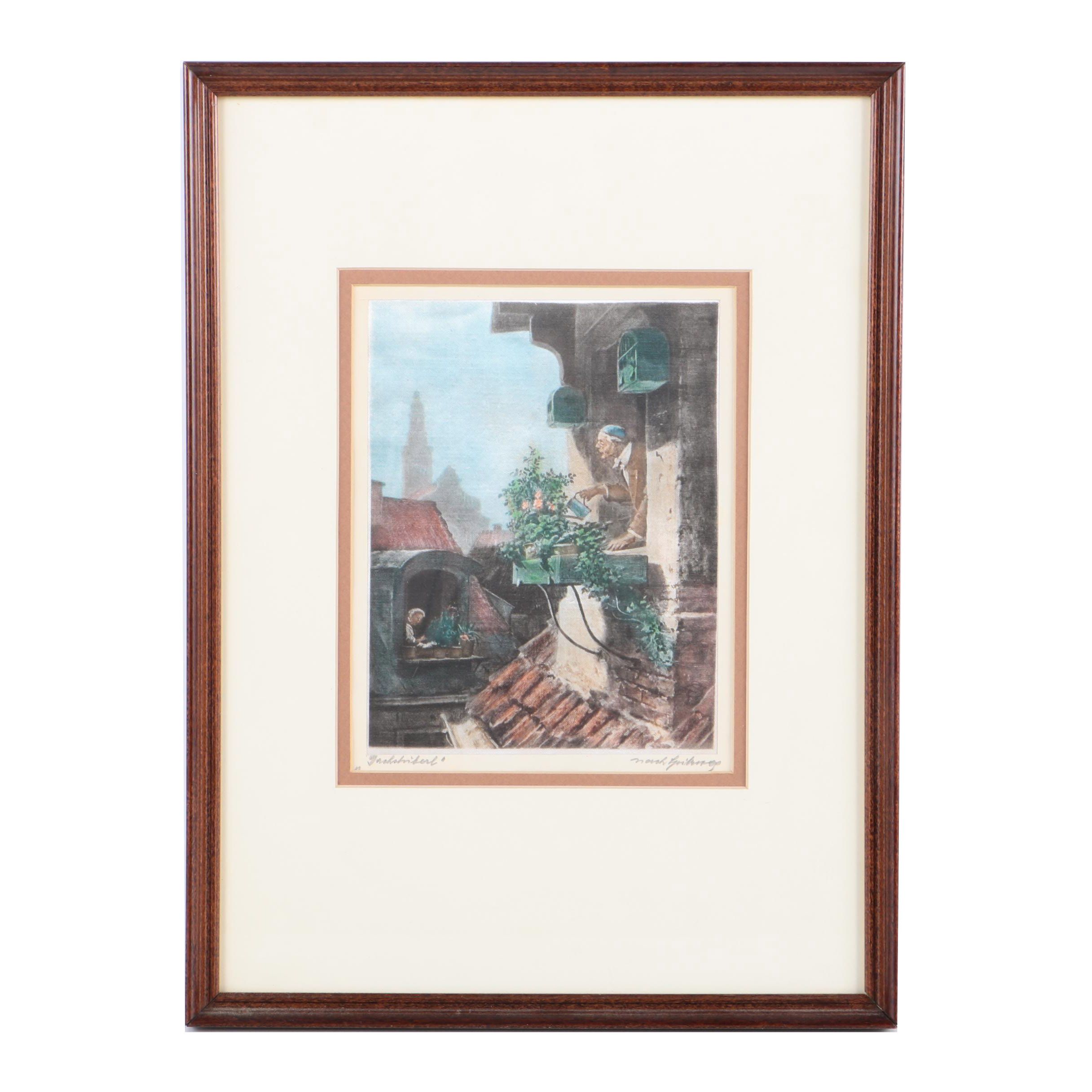 Watercolor Embellished Print on Silk of Figures Watering Window Plants