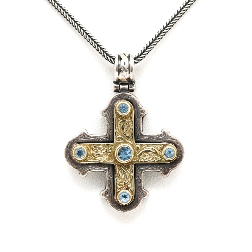 Konstantino Sterling Silver and Topaz Cross Pendant Necklace with 18K Accents