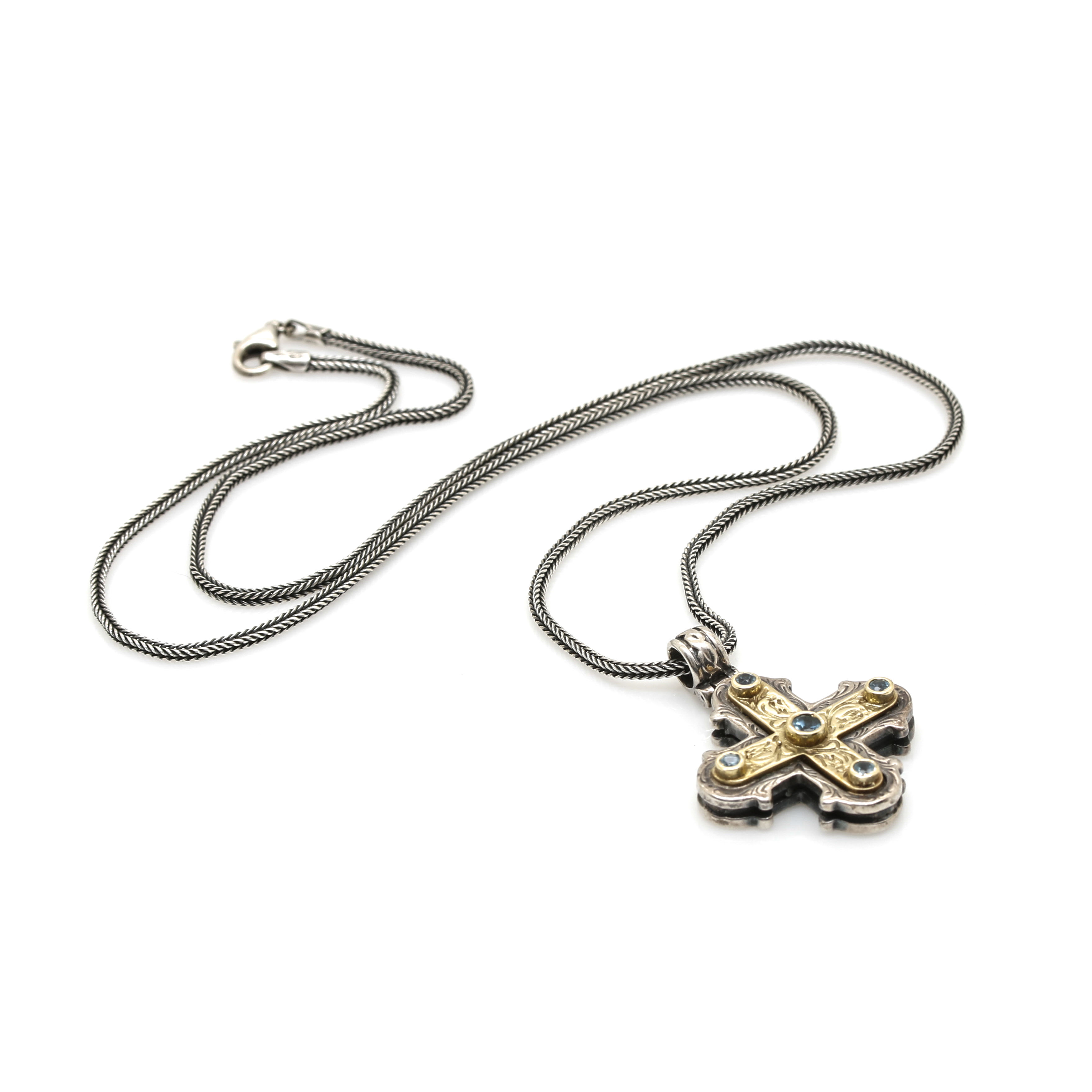 Konstantino Sterling Silver and Topaz Cross Pendant Necklace with 18K Accents