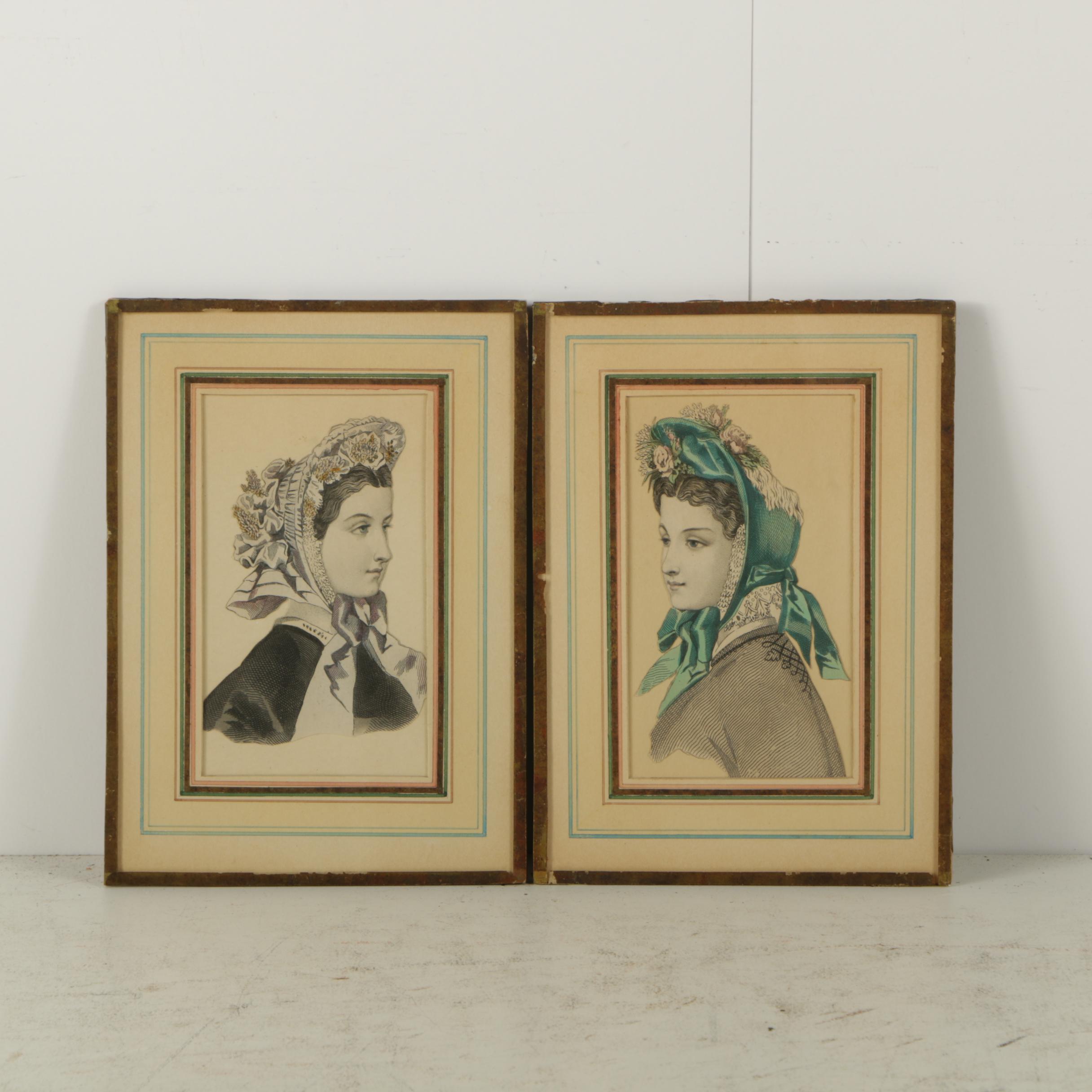 Vintage Hand Colored Etchings on Paper From Fashion Plates