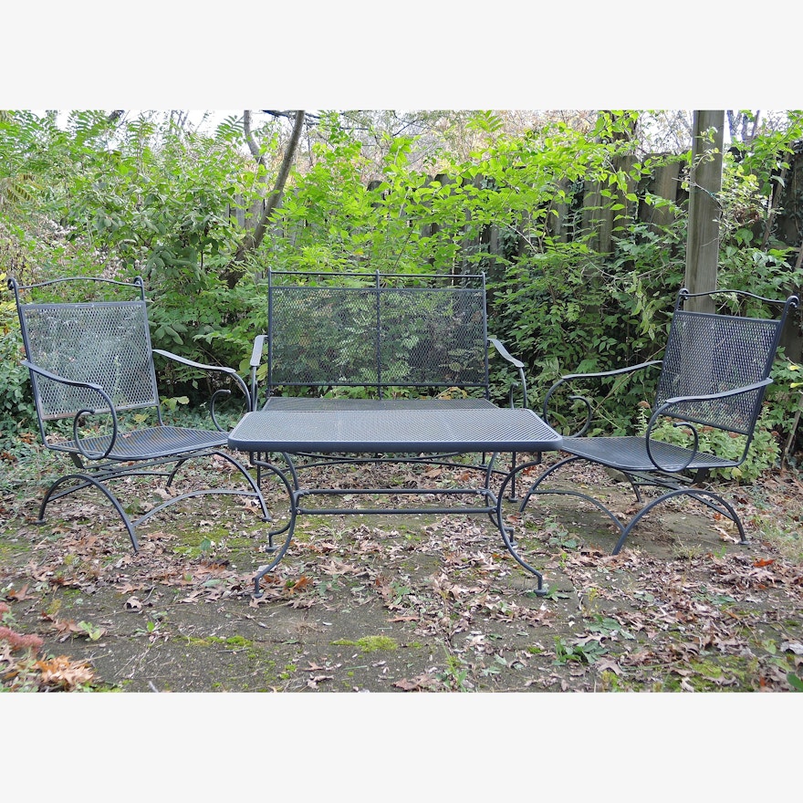 Wrought Iron Love Seat, Pair of Rockers, and Coffee Table