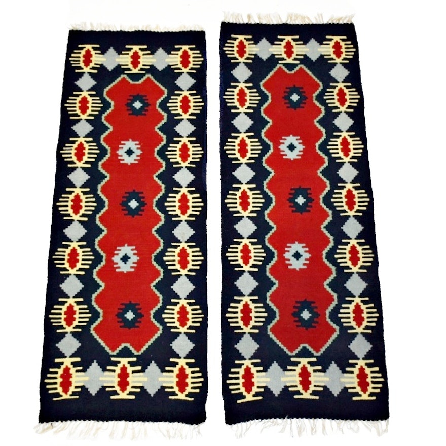 Two Hand Woven Kilim Rugs in Navy, Red and Gray Spider Pattern