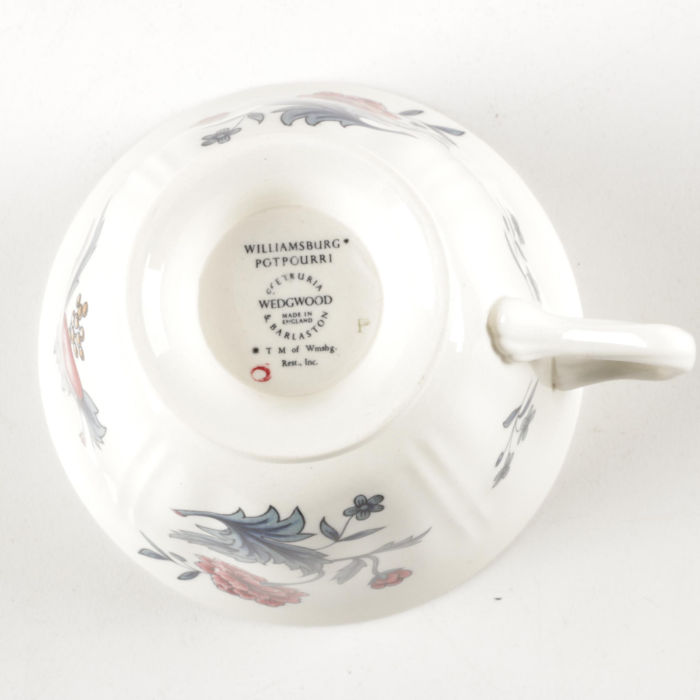 Wedgwood Porcelain Teacups and Saucers Featuring "Williamsburg Potpourri"