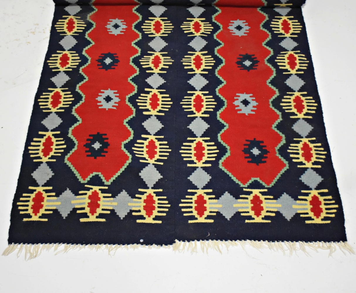 Pair of Hand Woven Kilim Runners in Red, Navy and Gray Sewn Together