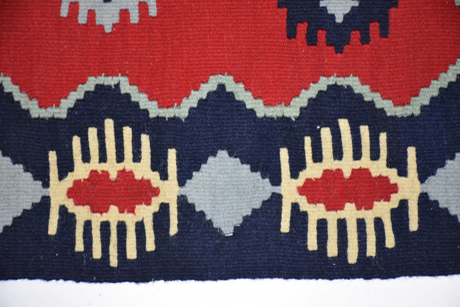 Pair of Hand Woven Kilim Runners in Red, Navy and Gray Sewn Together