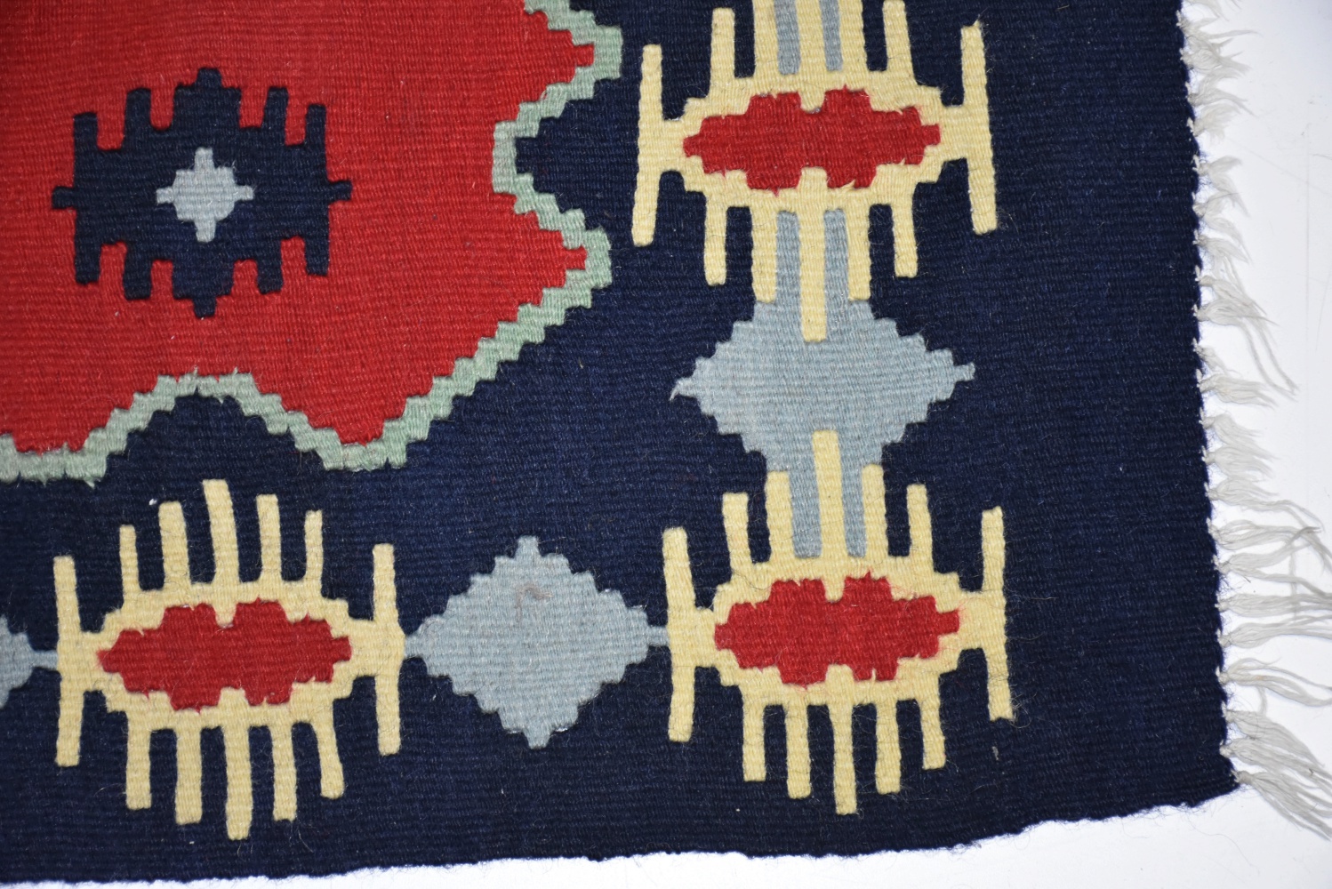 Pair of Hand Woven Kilim Runners in Red, Navy and Gray Sewn Together