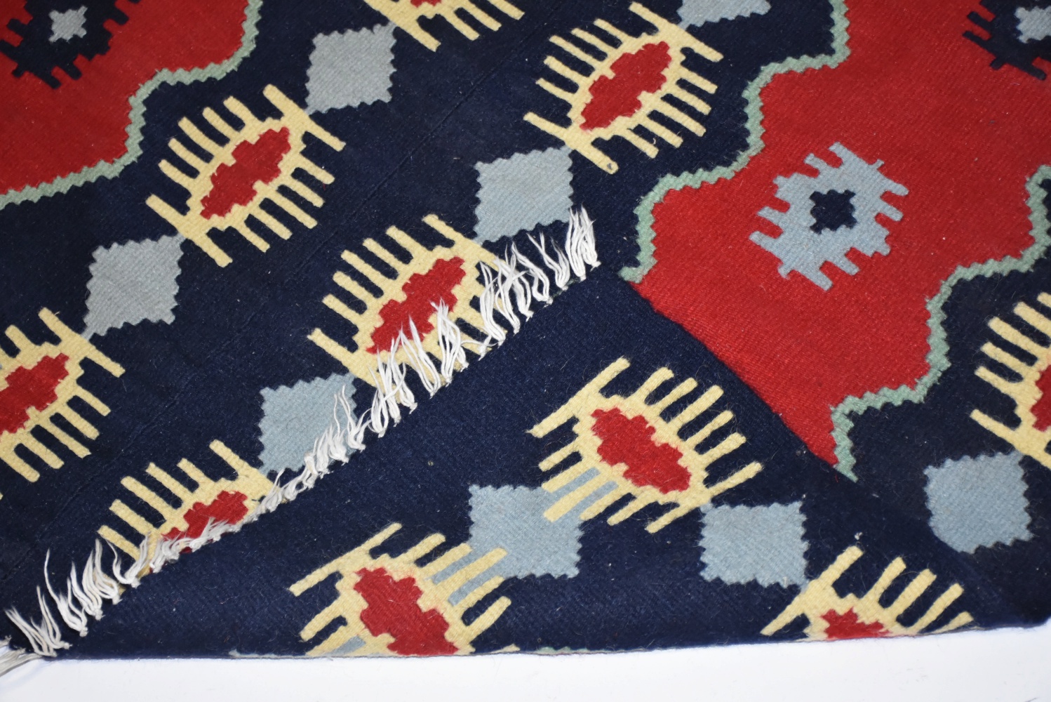 Pair of Hand Woven Kilim Runners in Red, Navy and Gray Sewn Together