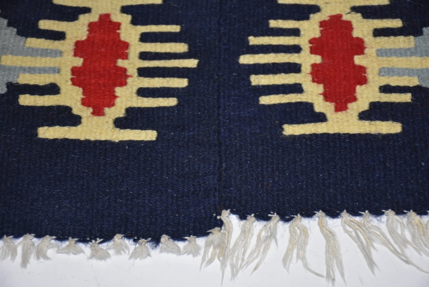 Pair of Hand Woven Kilim Runners in Red, Navy and Gray Sewn Together