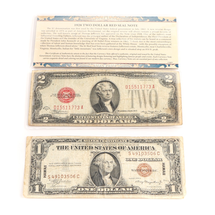 1935 A Brown Seal Hawaii Silver Certificate and 1928 D Red Seal Two Dollar Bill