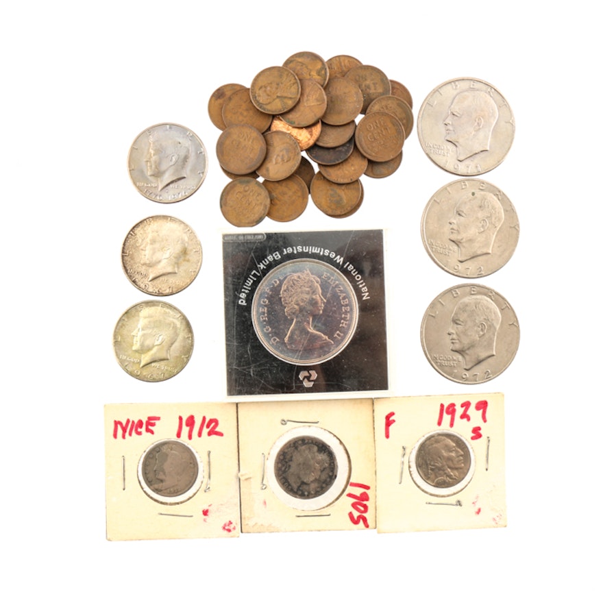 Assortment of U.S. Coins and a British Commemorative Crown