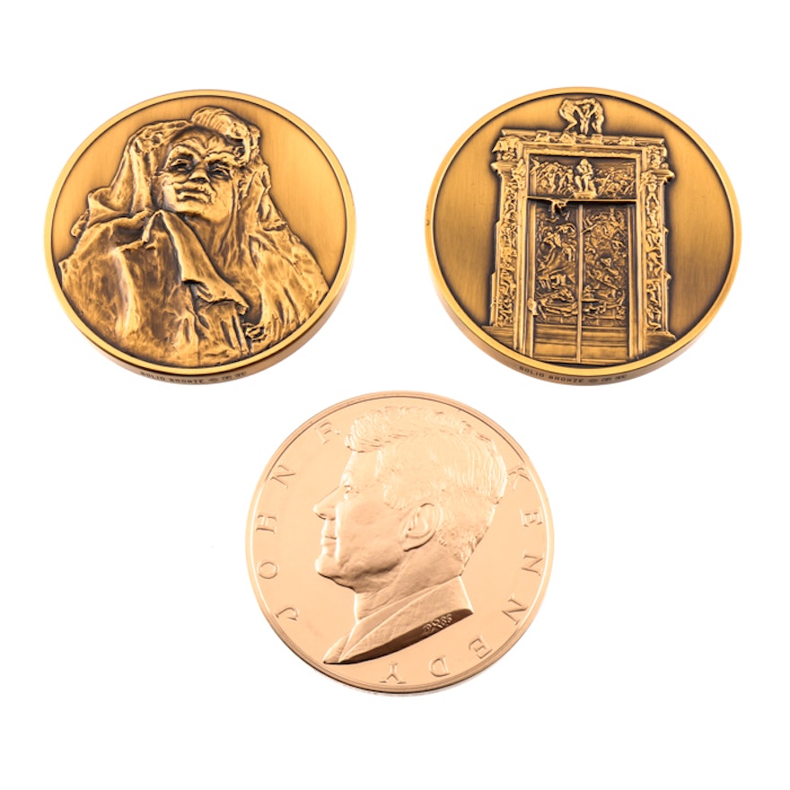 Three Franklin Mint Bronze Commemorative Medallions, JFK and Rodin