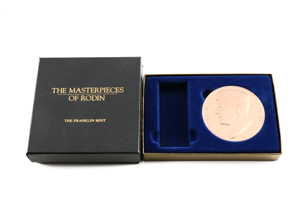 Three Franklin Mint Bronze Commemorative Medallions, JFK and Rodin