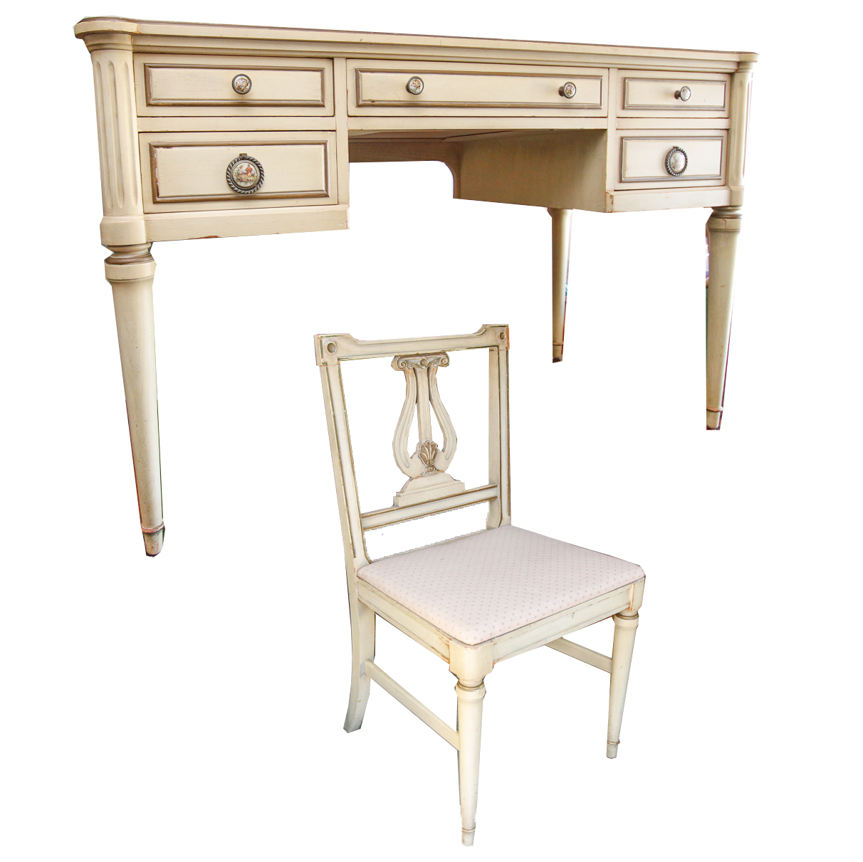 Vintage Ivory Knee Hole Desk and Side Chair