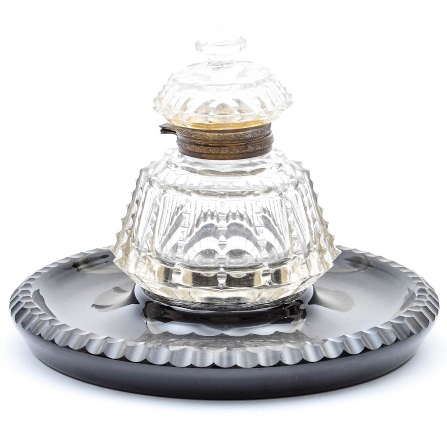 Antique Inkwell with Underplate in the Style of Baccarat