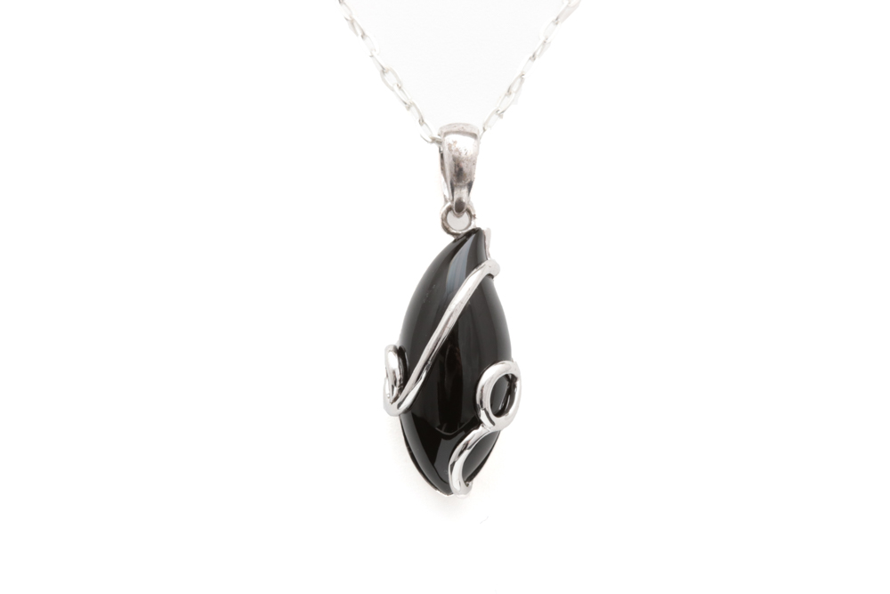 Sterling Silver and Black Chalcedony Pendant with Chain