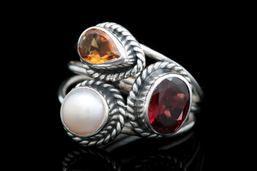 Sterling Silver, Garnet, Pearl and Citrine Ring