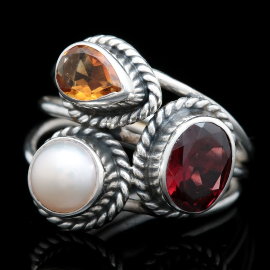 Sterling Silver, Garnet, Pearl and Citrine Ring