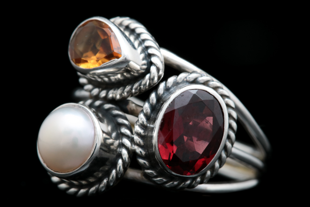 Sterling Silver, Garnet, Pearl and Citrine Ring