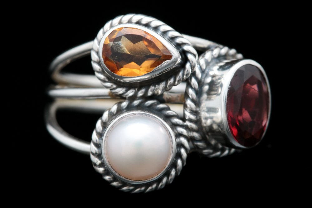 Sterling Silver, Garnet, Pearl and Citrine Ring