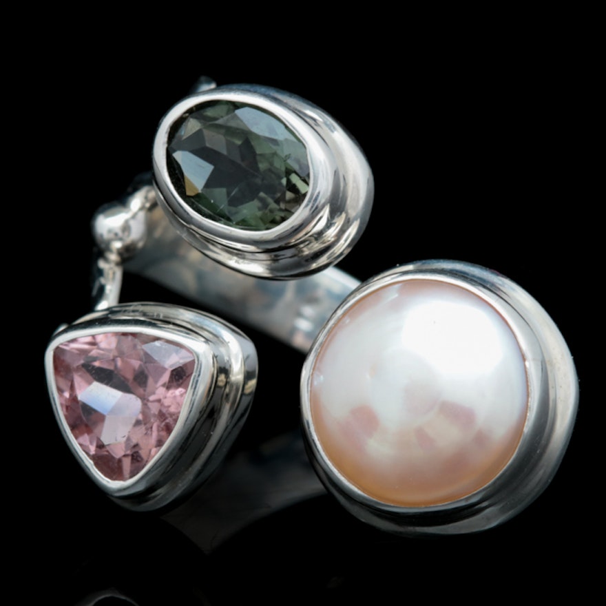 Sterling Silver, Mabé Pearl, Green and Pink Tourmaline Ring