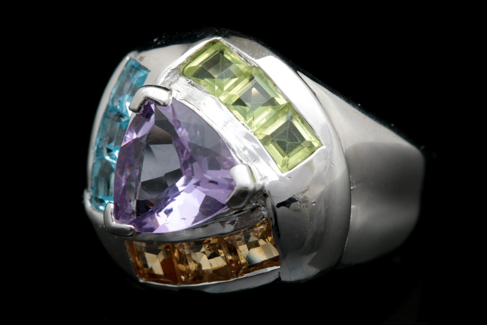 Sterling SIlver, Amethyst, Blue Topaz, Peridot and Citrine Ring