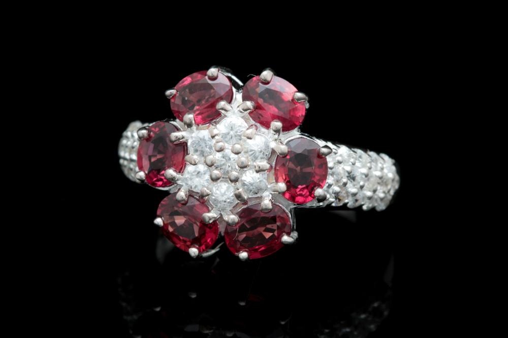 Sterling Silver, Diffused Red Sapphire and White Zircon Cocktail Ring