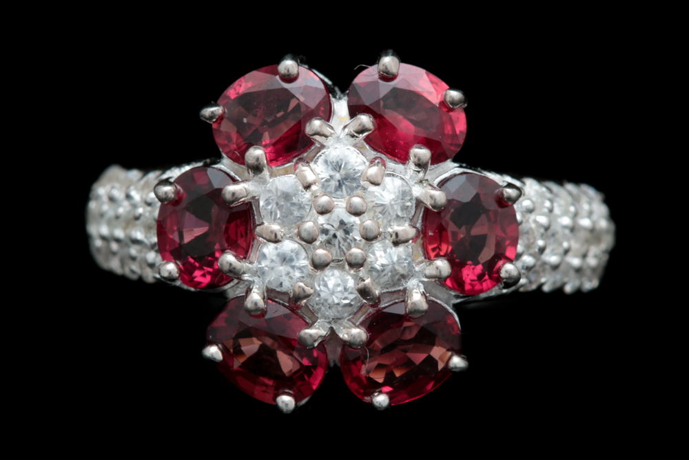 Sterling Silver, Diffused Red Sapphire and White Zircon Cocktail Ring