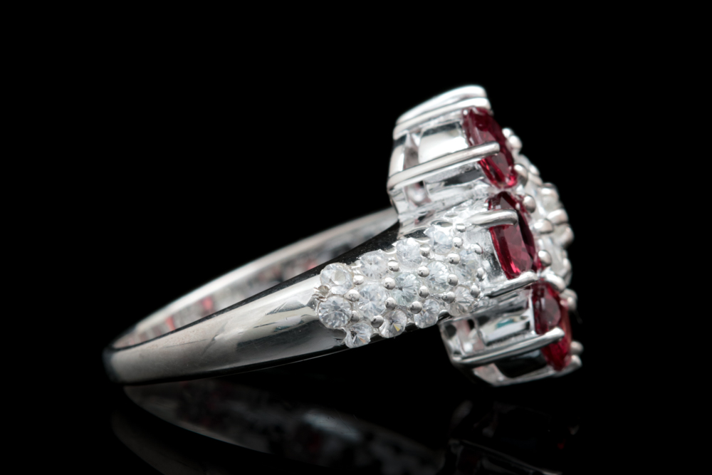 Sterling Silver, Diffused Red Sapphire and White Zircon Cocktail Ring