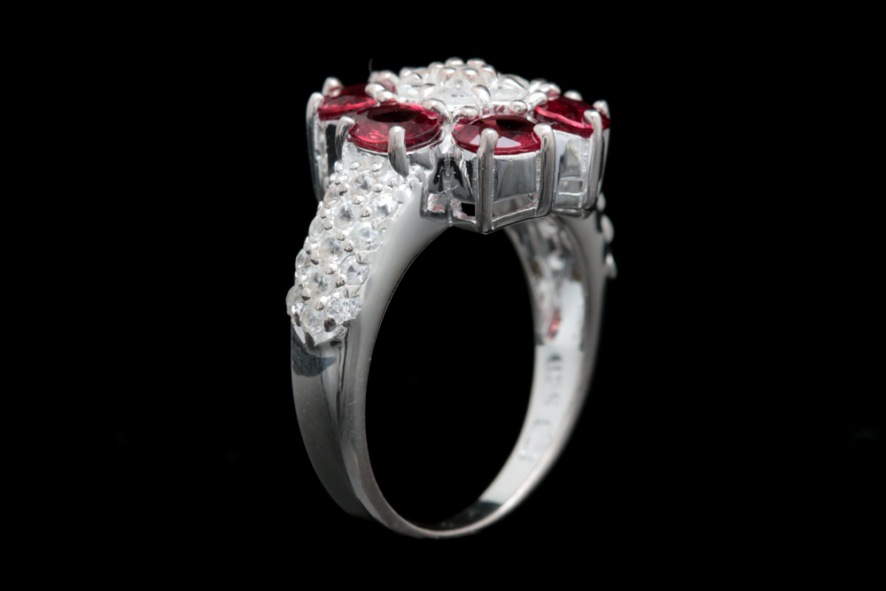 Sterling Silver, Diffused Red Sapphire and White Zircon Cocktail Ring