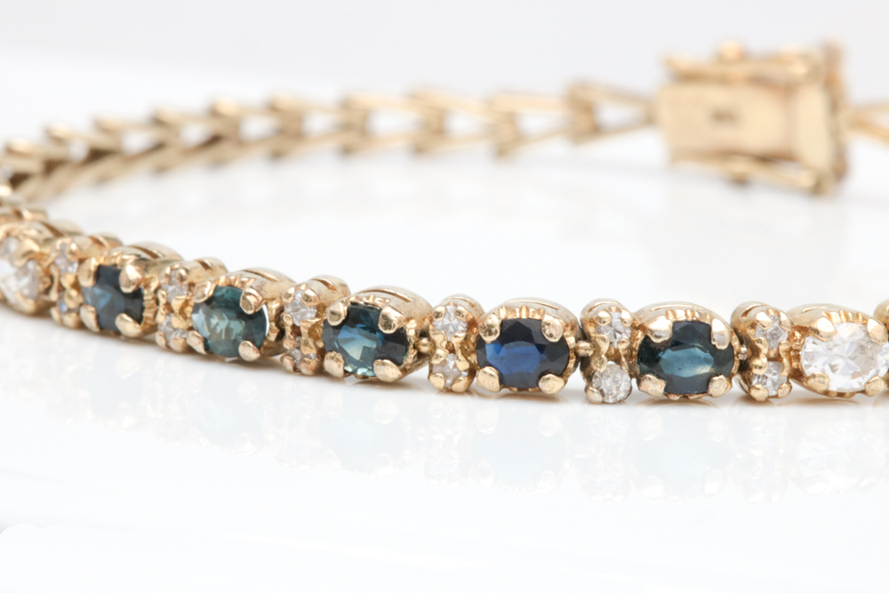 Gold Wash on Sterling Silver, Blue Sapphire and Cubic Zirconia Bracelet