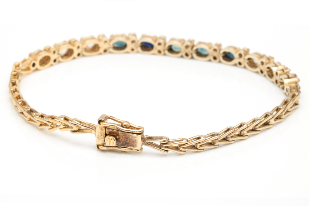 Gold Wash on Sterling Silver, Blue Sapphire and Cubic Zirconia Bracelet