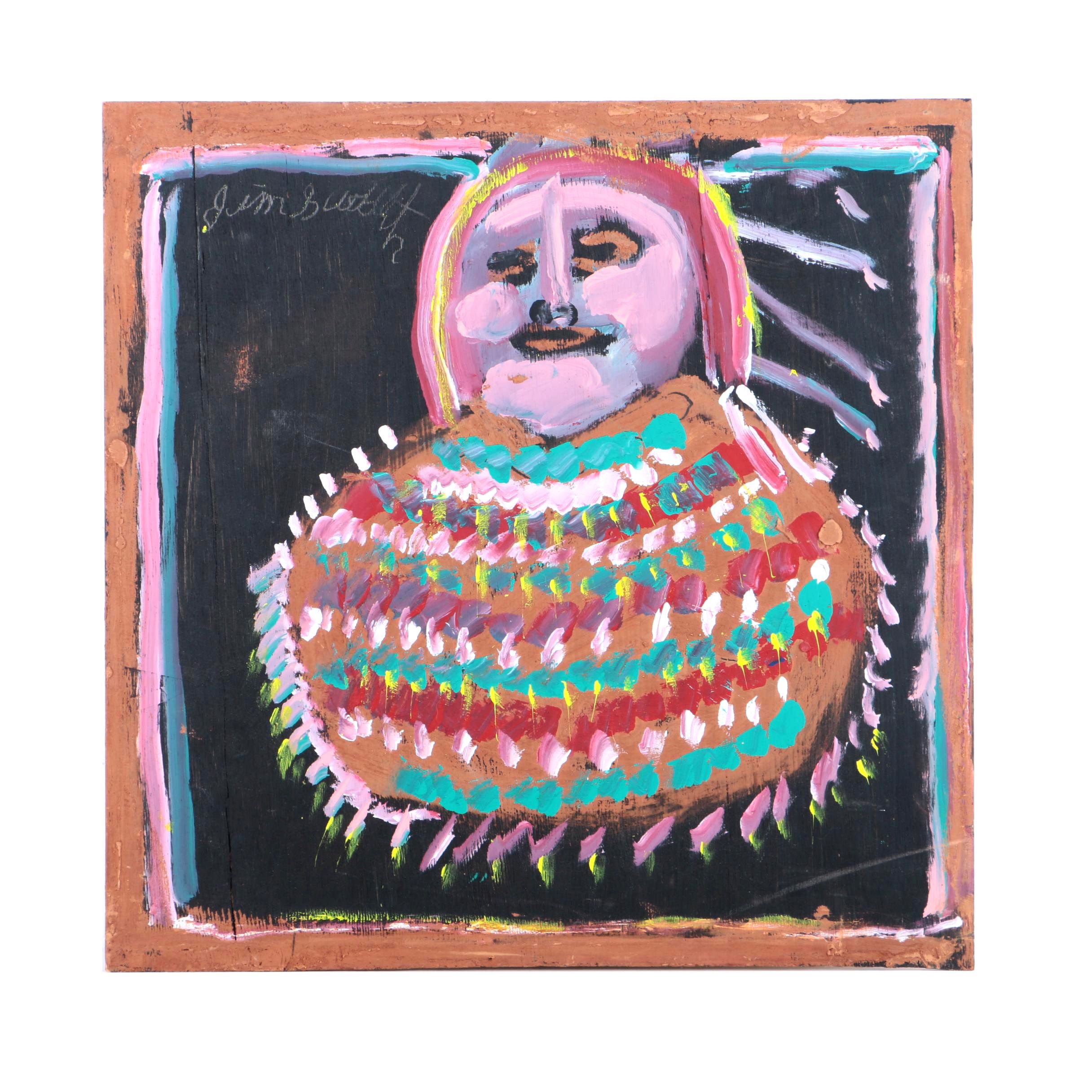 Jimmy Lee Sudduth Oil Painting on Panel Outsider Art Portrait
