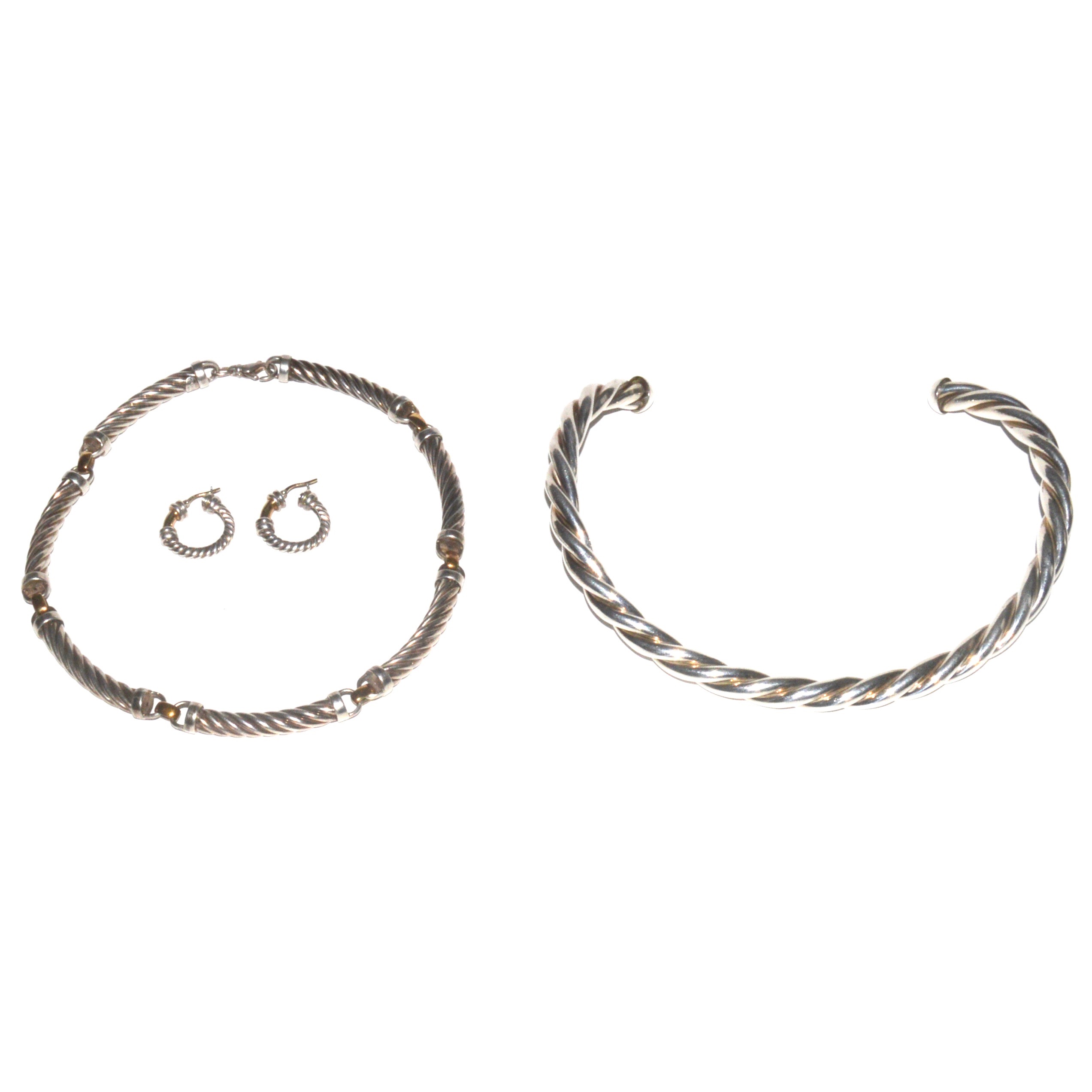 Sterling and 18K Gold Rope Earring and Necklace Set and Sterling Collar Necklace