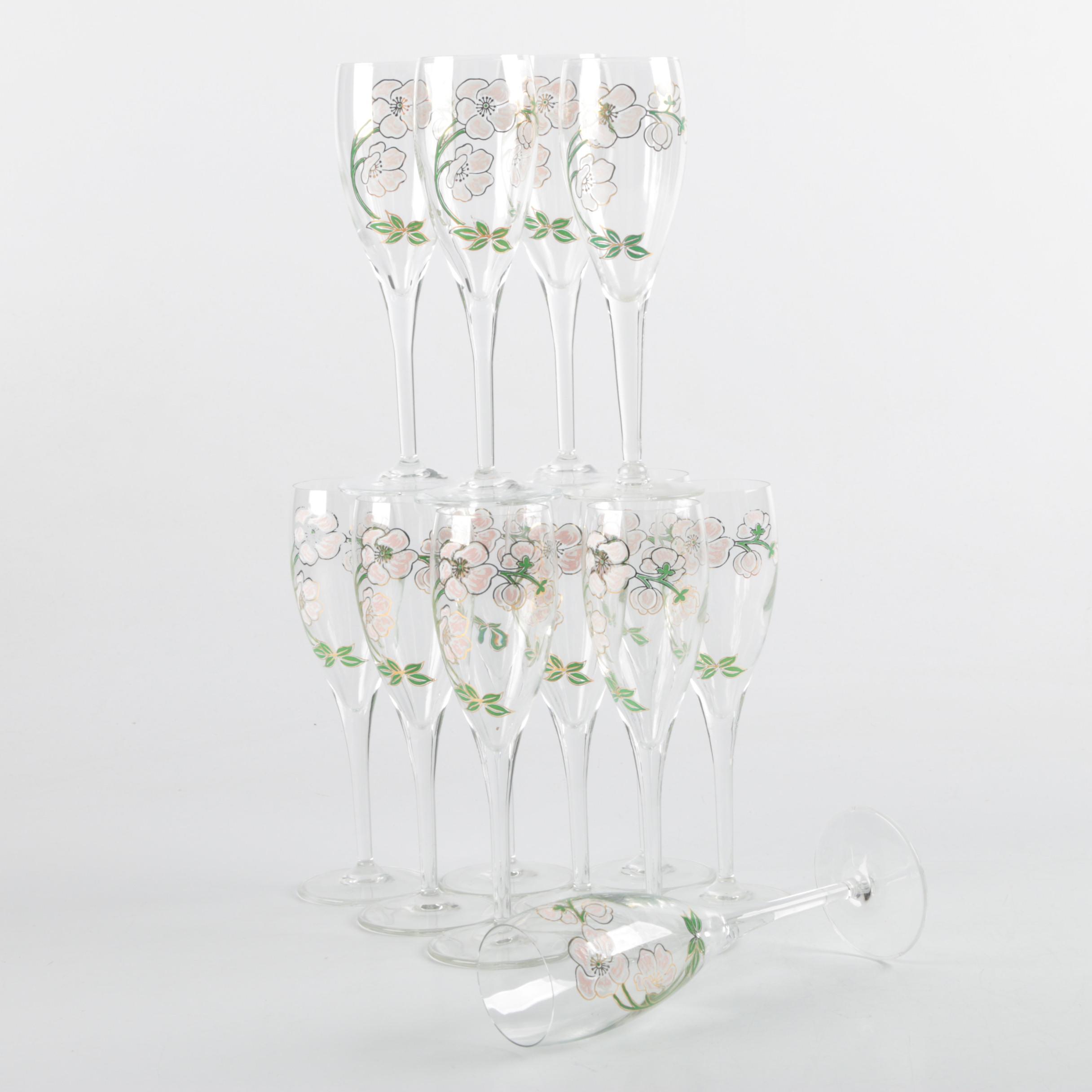 Perrier Jouet Champagne Flutes with Pink Flowers 1970s