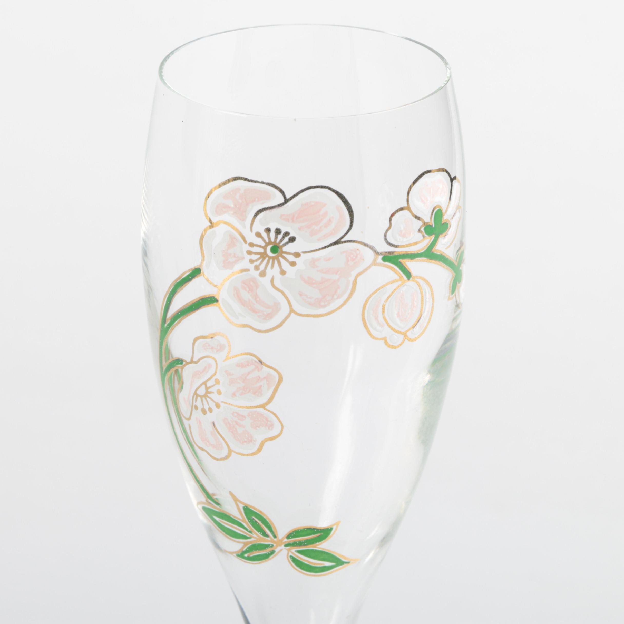 Perrier Jouet Champagne Flutes with Pink Flowers 1970s