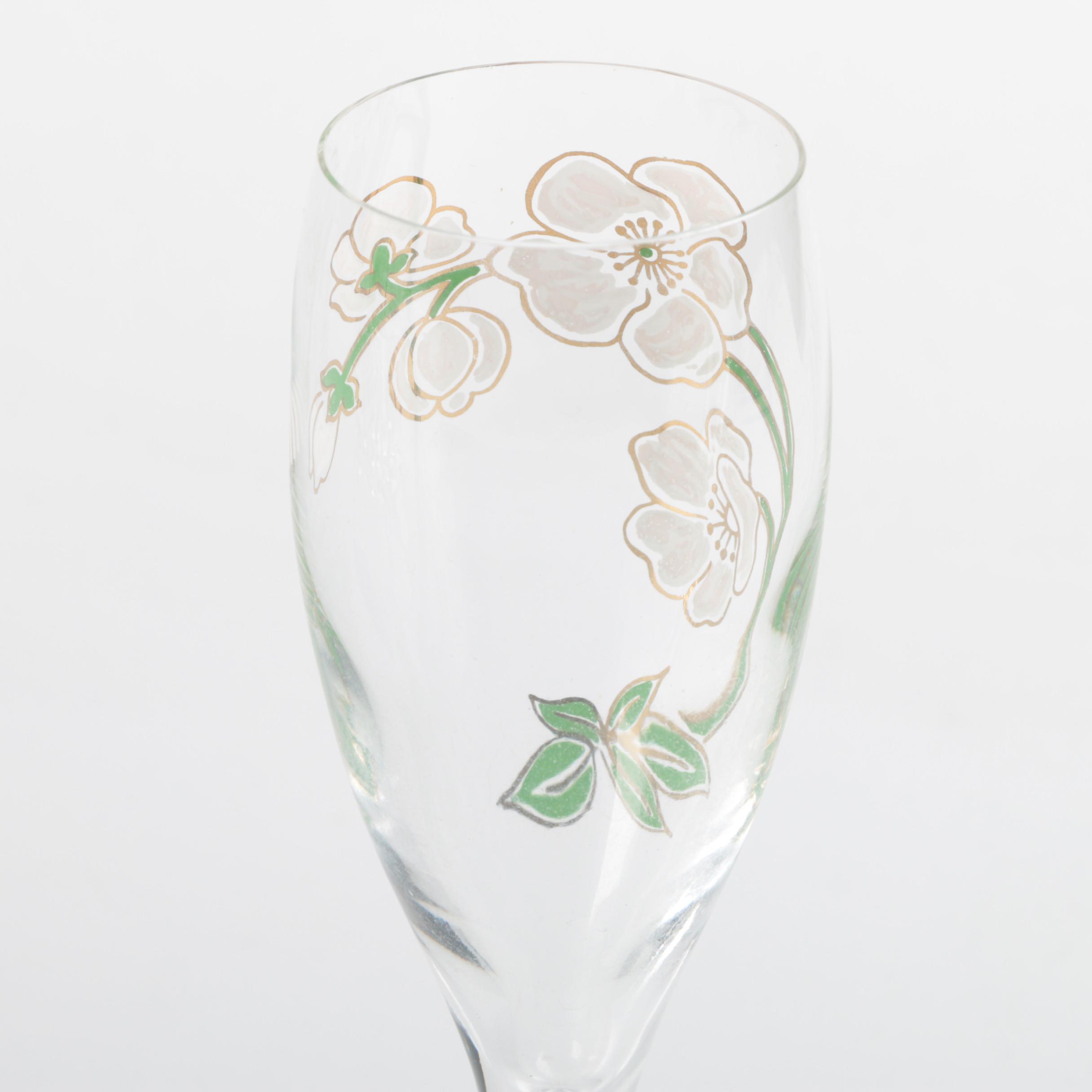 Perrier Jouet Champagne Flutes with Pink Flowers 1970s