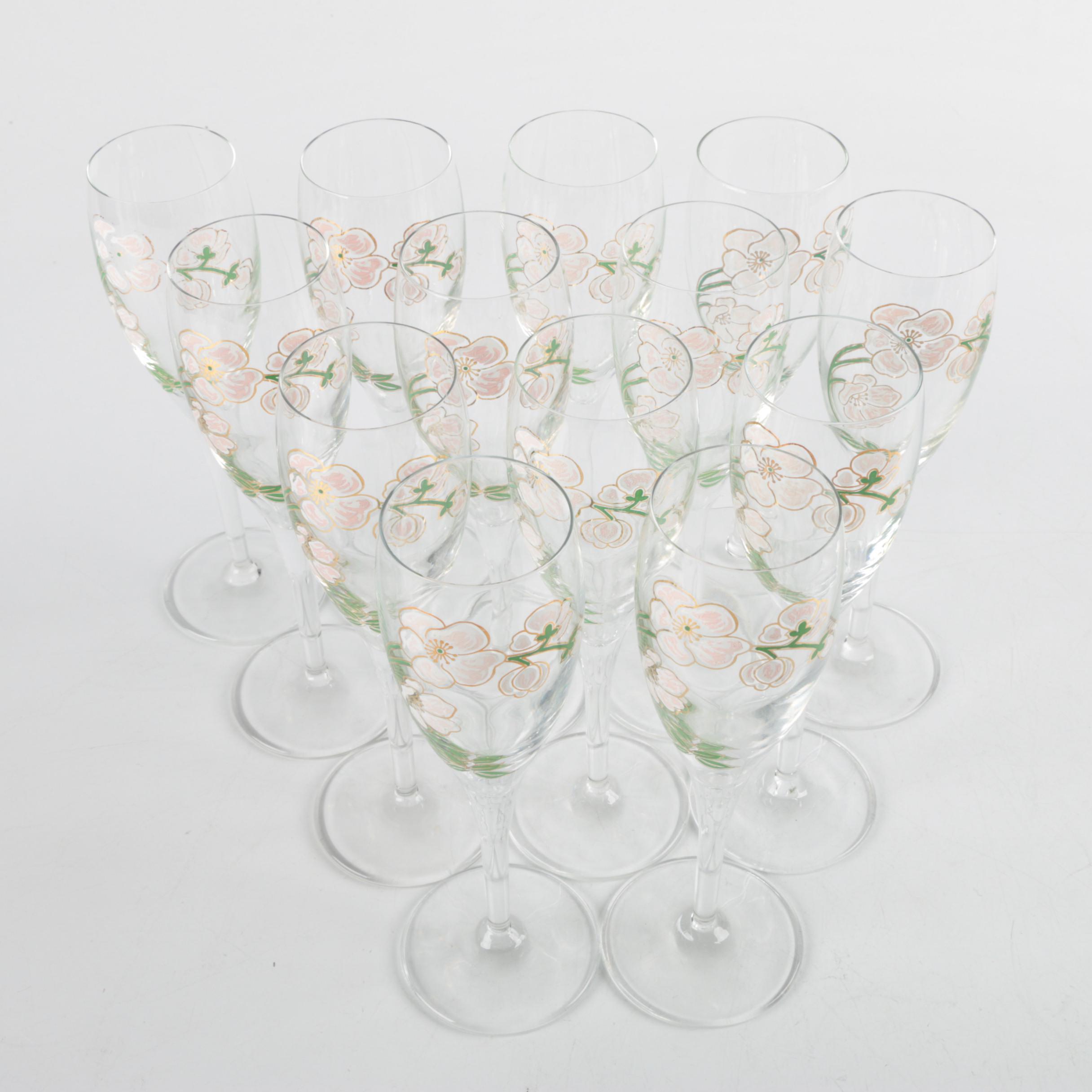 Perrier Jouet Champagne Flutes with Pink Flowers 1970s