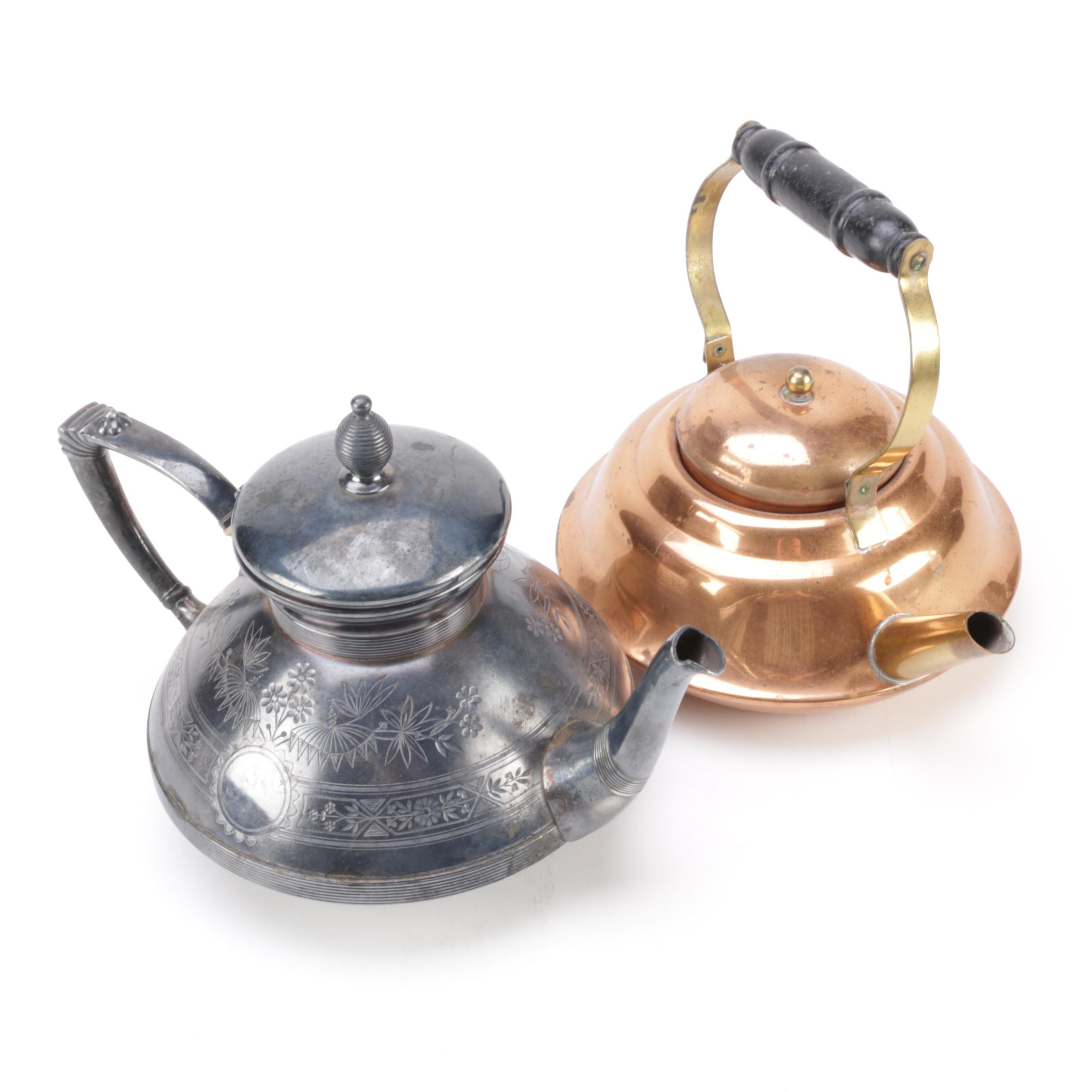 Simpson, Hall, Miller & Co. Silver-Plated Teapot with Coppercraft Guild Kettle