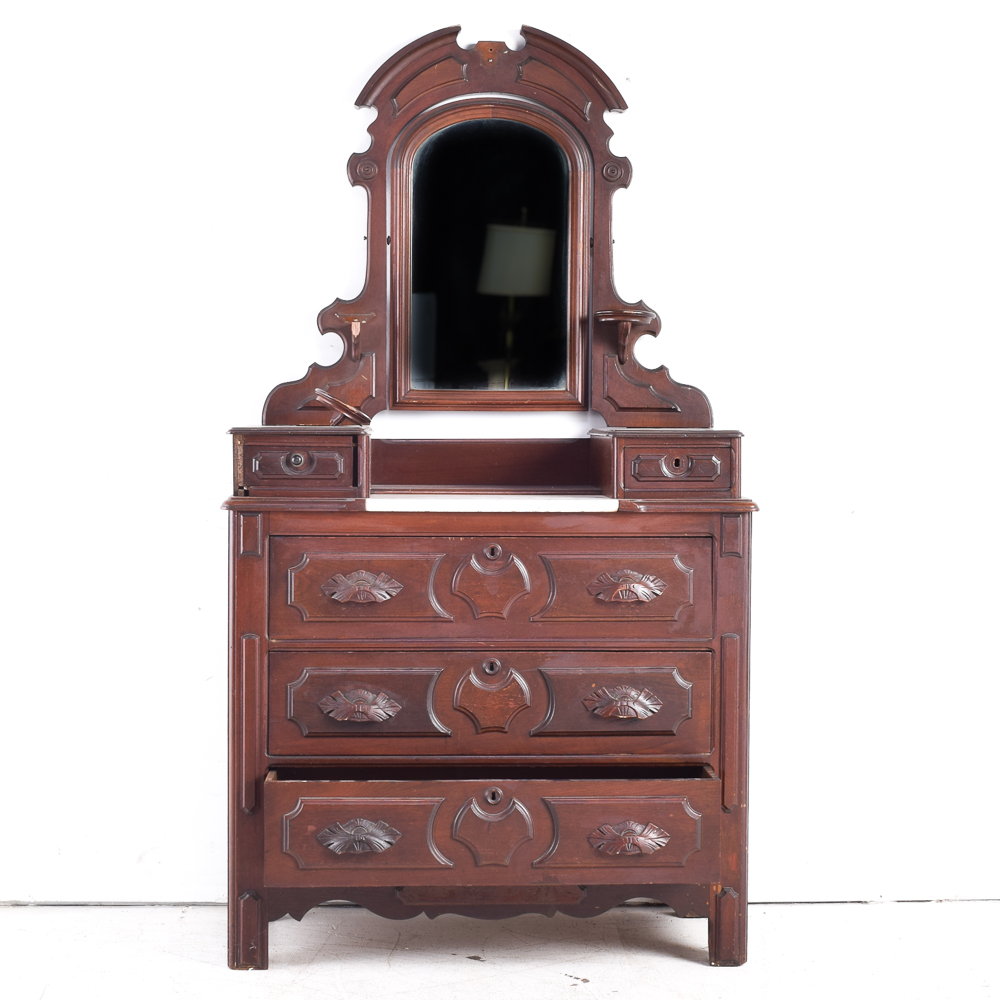 Antique Victorian Walnut Dresser with Mirror and Marble Top