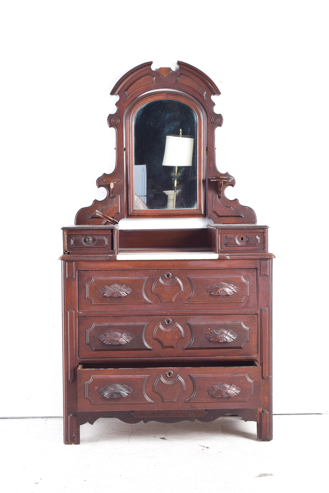 Antique Victorian Walnut Dresser with Mirror and Marble Top