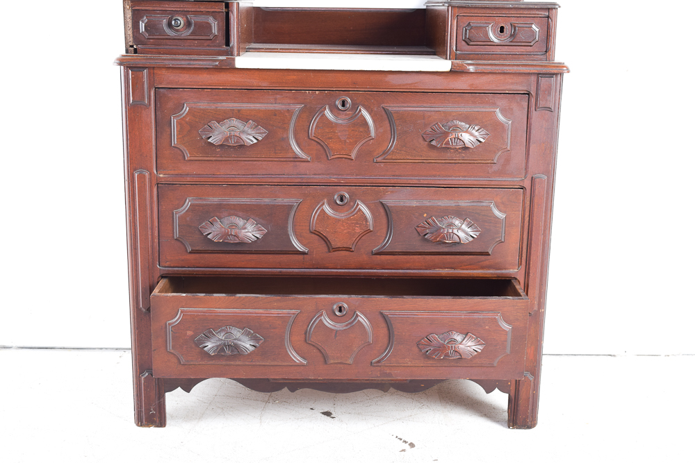 Antique Victorian Walnut Dresser with Mirror and Marble Top