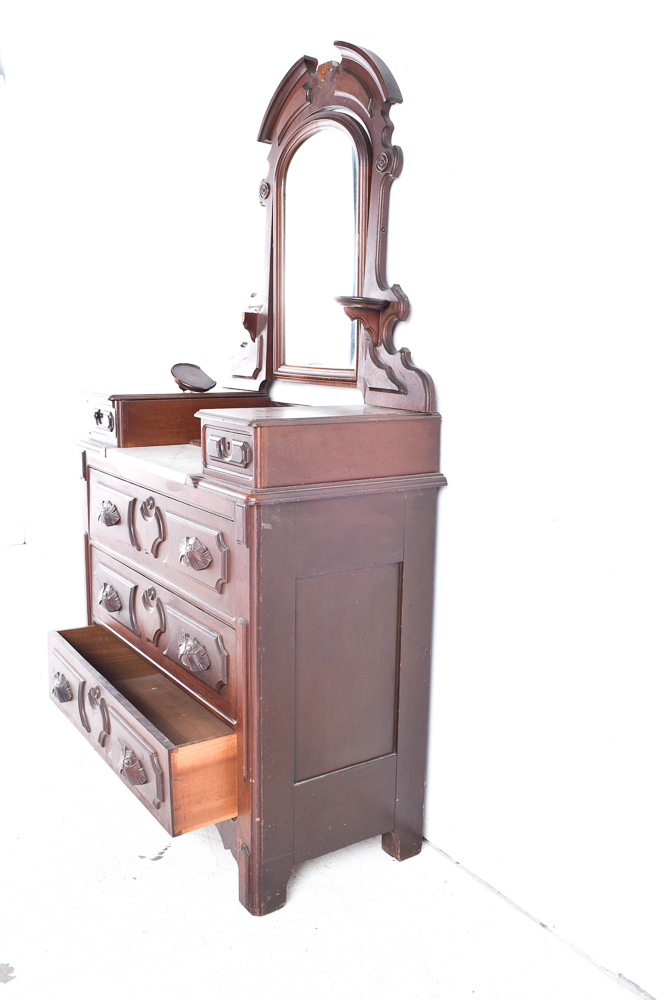 Antique Victorian Walnut Dresser with Mirror and Marble Top