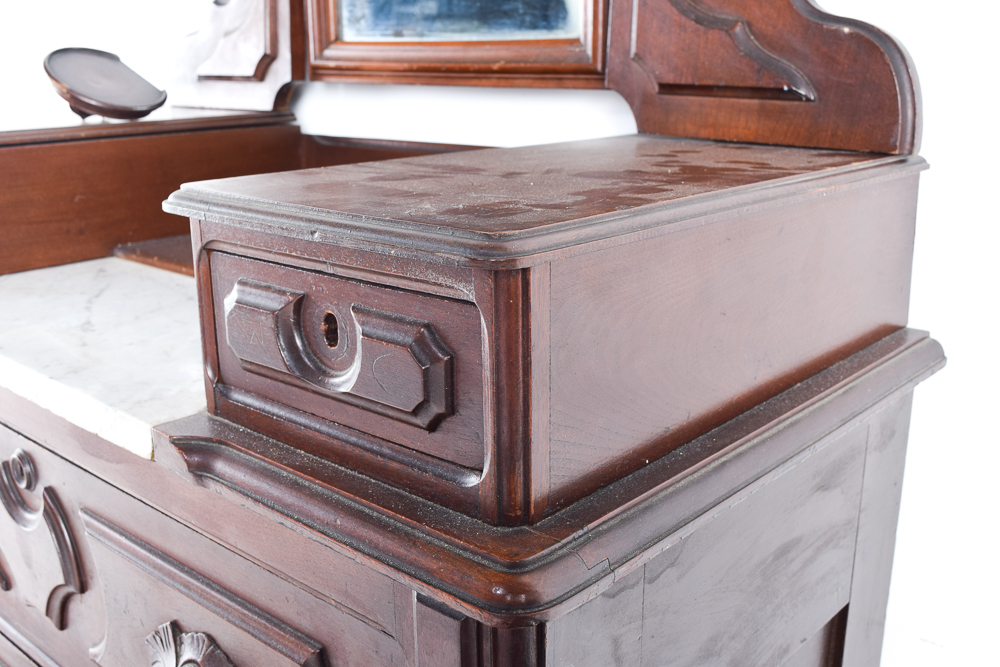 Antique Victorian Walnut Dresser with Mirror and Marble Top