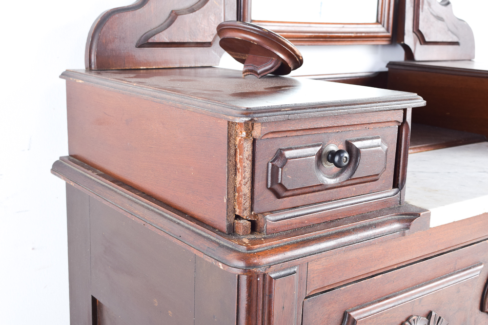 Antique Victorian Walnut Dresser with Mirror and Marble Top