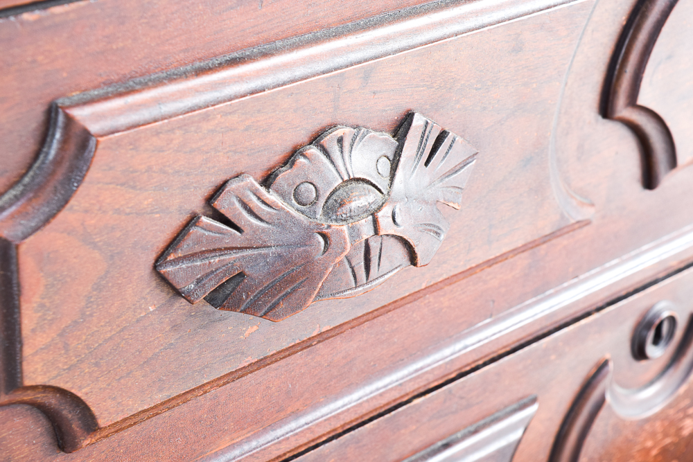 Antique Victorian Walnut Dresser with Mirror and Marble Top