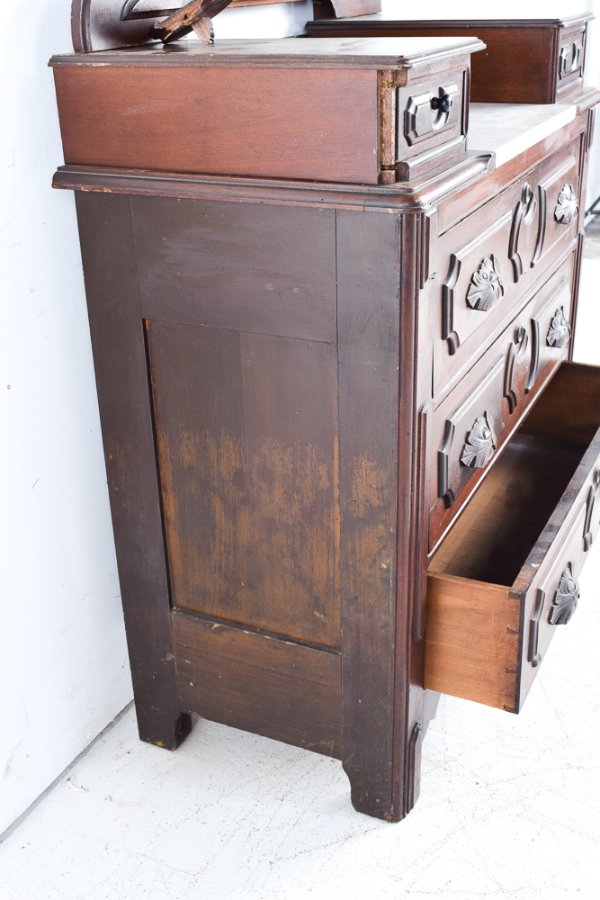 Antique Victorian Walnut Dresser with Mirror and Marble Top