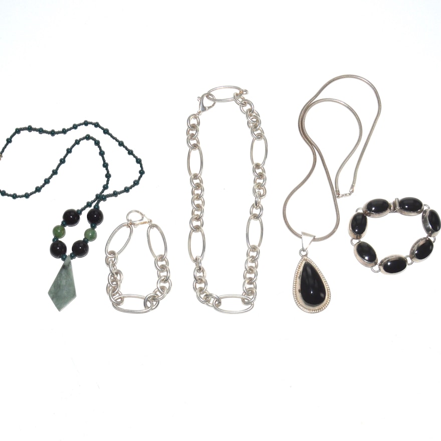 Sterling Necklaces and Bracelets Featuring Aventurine & Jadeite Cabochons