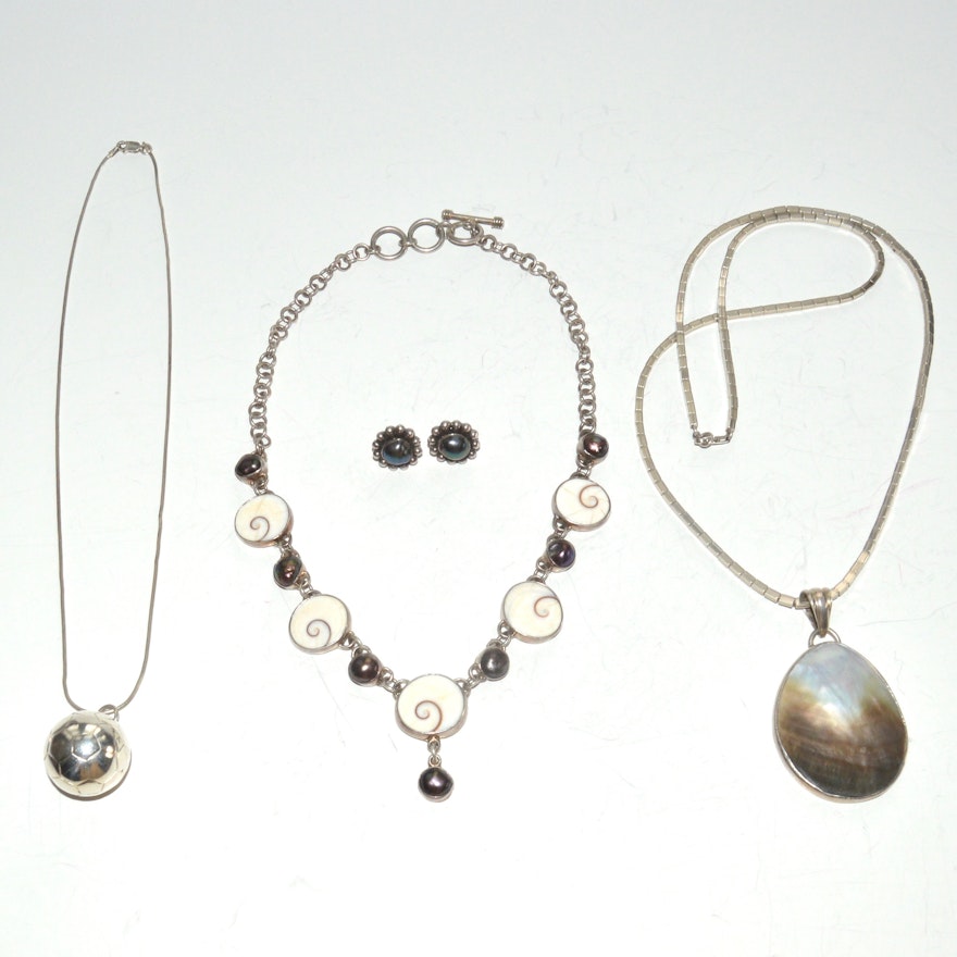 Sterling Silver Necklaces and Earrings with Shell and Pearl Pendants